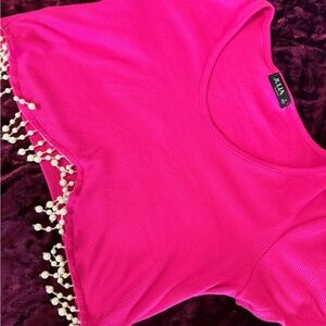 Hot Pink Pearl-Trim Crop Top